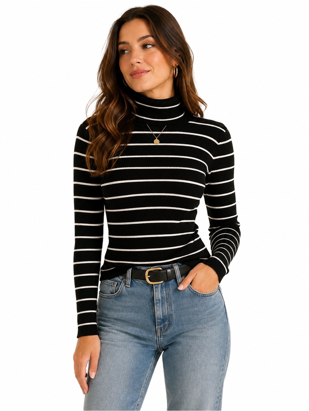 Lauren Ralph Lauren Women’s Medium Black White Stripe Ribbed Turtleneck Sweater - Picture 1 of 4